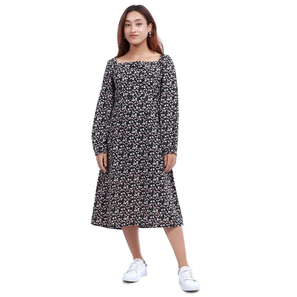 Off Shoulder Full Sleeves Side Cut Design Printed Dress For Women