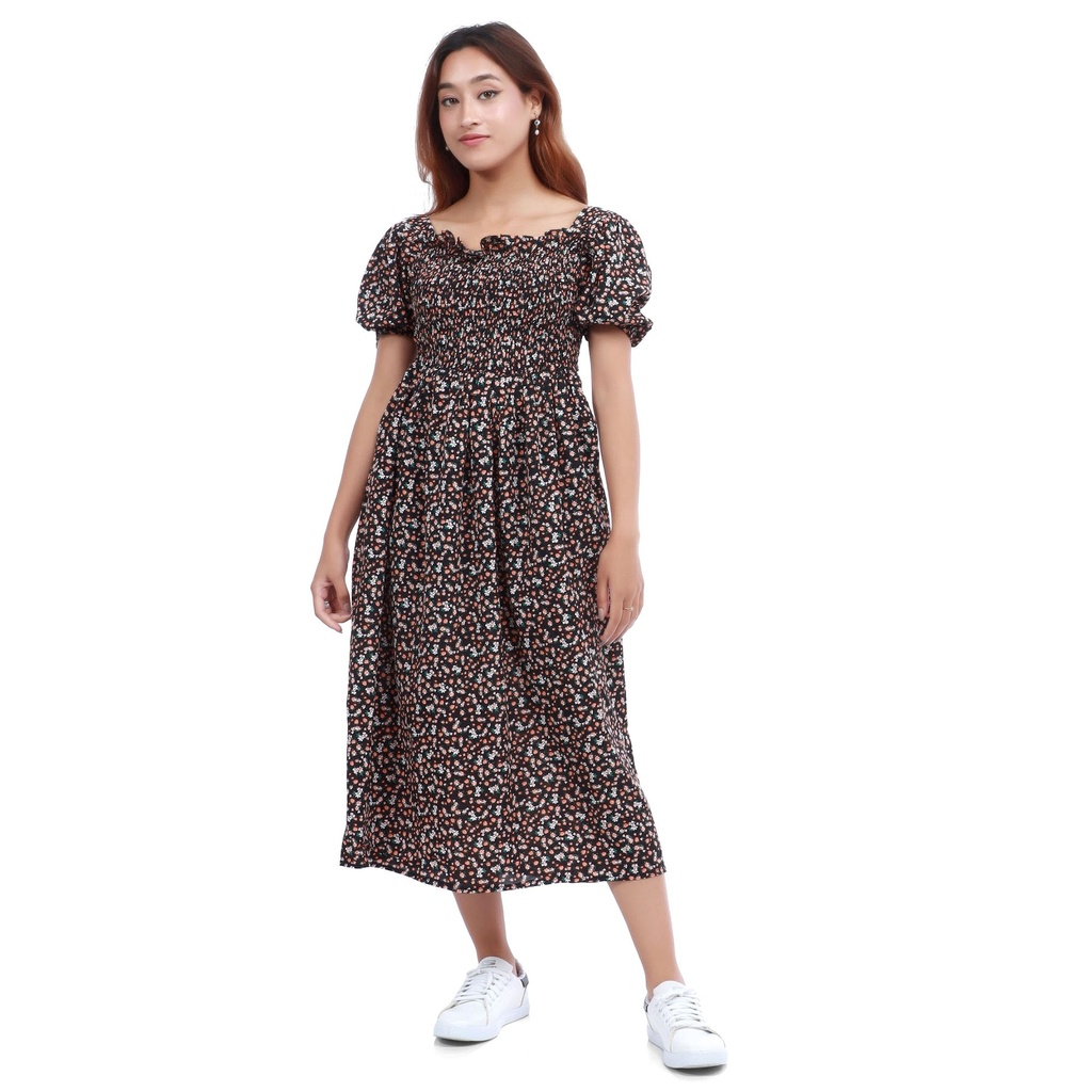 Square Neck Full Sleeves Floral Printed Dress For Women