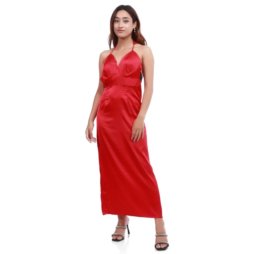 Silk Sleeveless Backless Long Plain Design Dress For Women